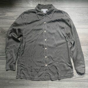 Real Clothes Black Cream 100% Silk Long Sleeve Diamond Print Button Up Size S